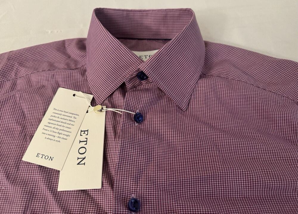 New With Tags Eton Slim Fit Twill Dark Pink Mini Check Shirt 38EU/15US $270.00
